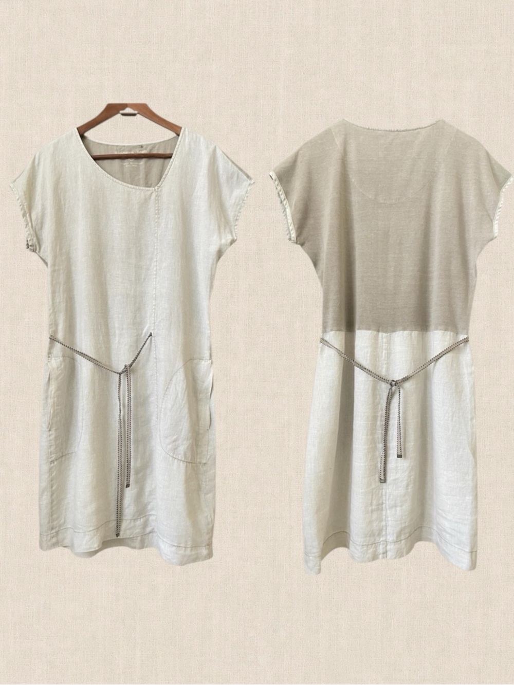 Sandwich Linen Dress Pockets EU 38 Beige Minimalist Shift Tie Waist Coastal